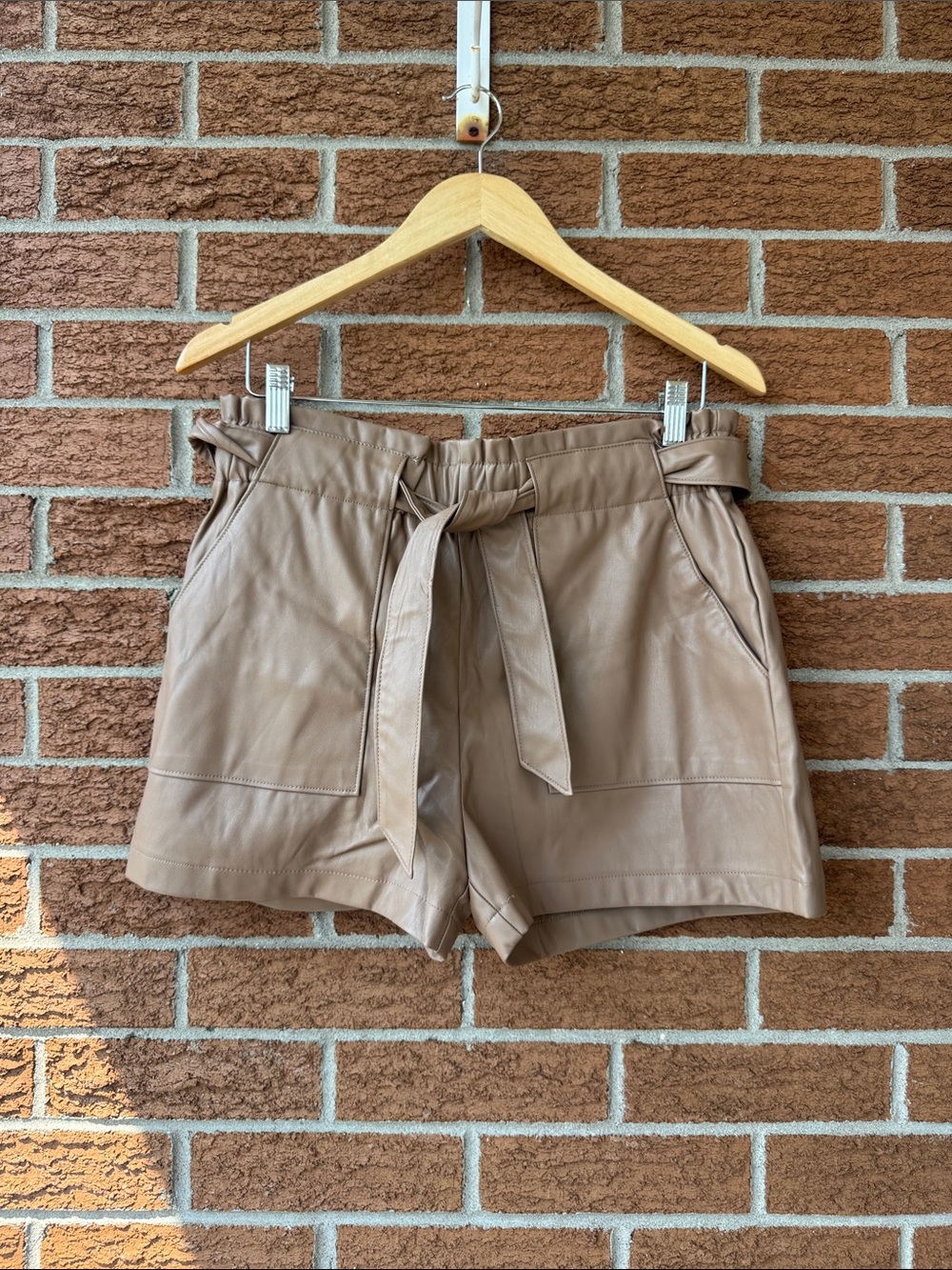 Ci Sono Taupe High-Waist Faux Leather Tie-Belt Shorts